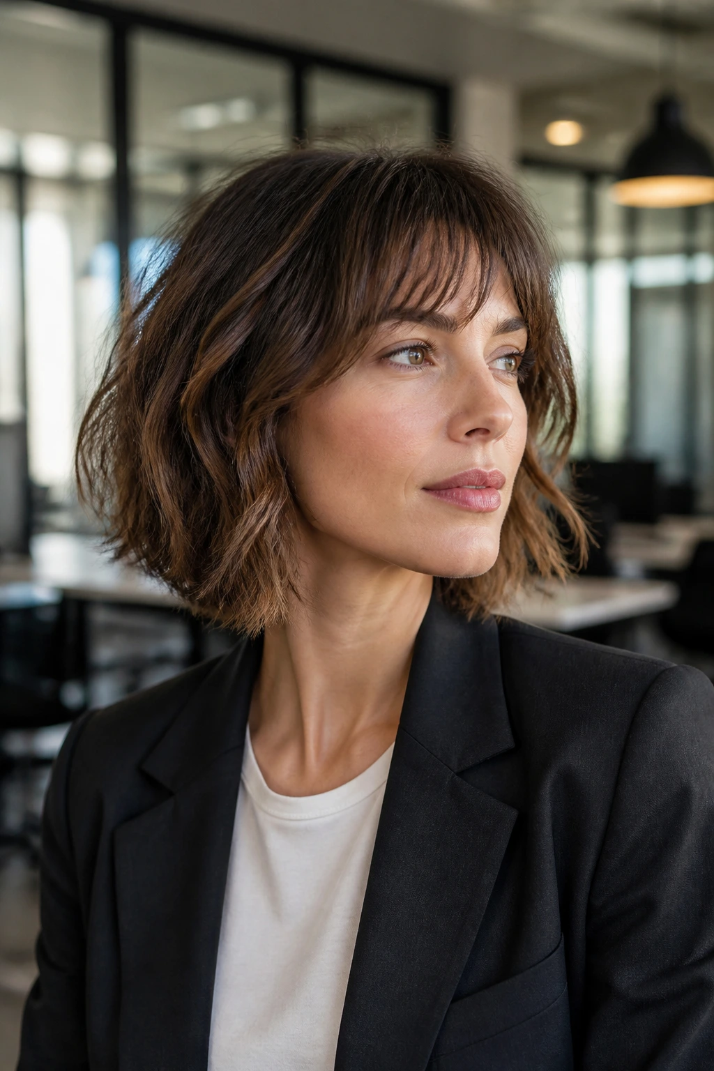 Woman with a shaggy bob showing layered, textured ends in a modern interior