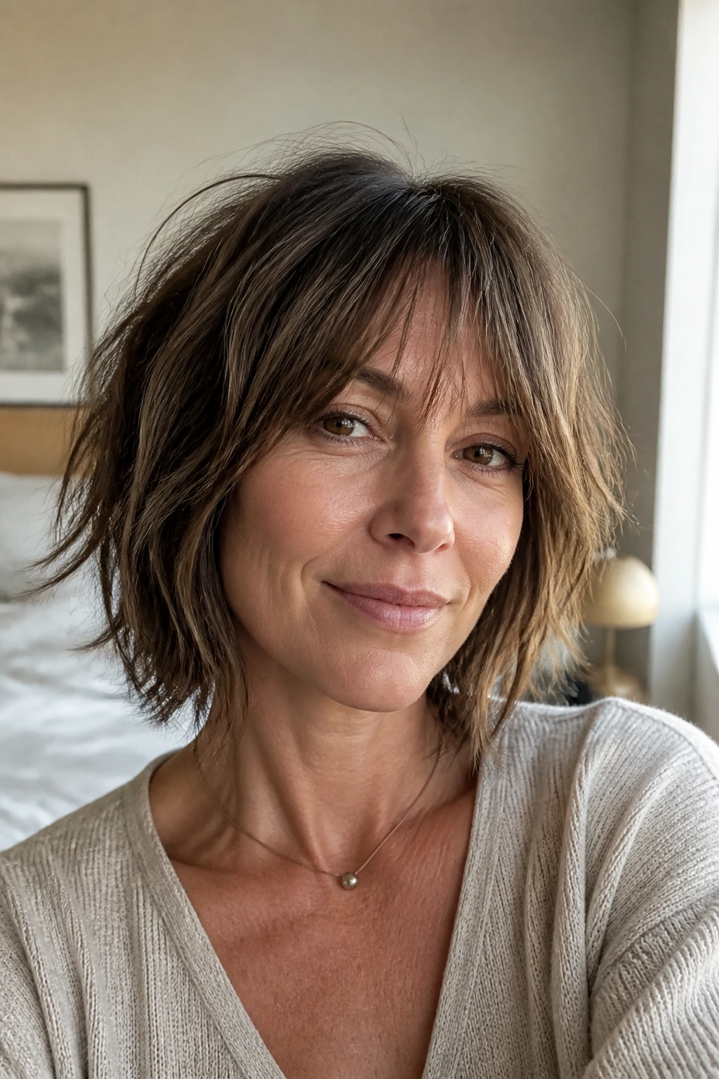 Close-up portrait of real woman with shaggy bob and wispy bangs in soft bedroom light