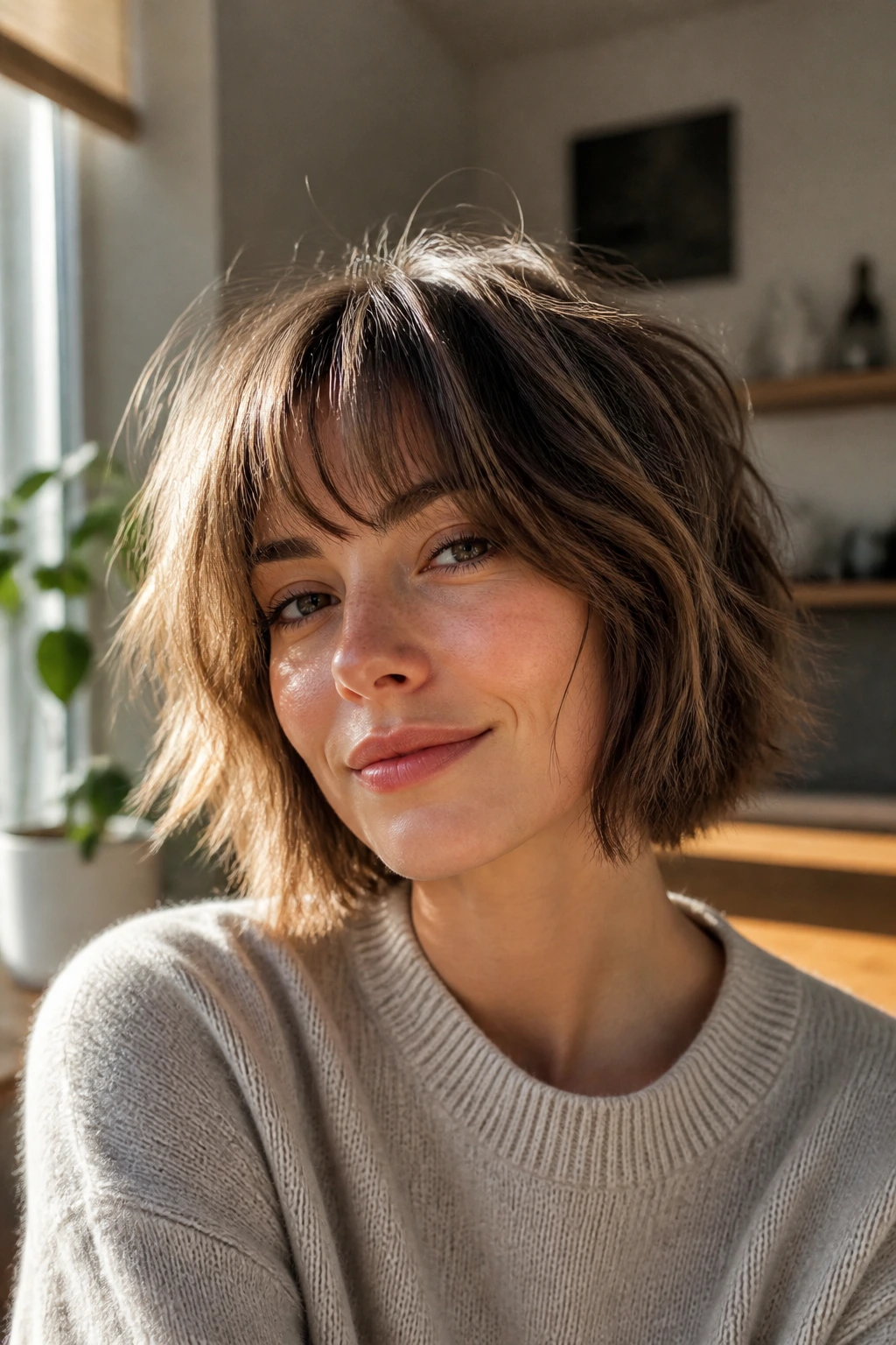Close-up portrait of a real woman with a shaggy bob and wispy bangs in natural daylight