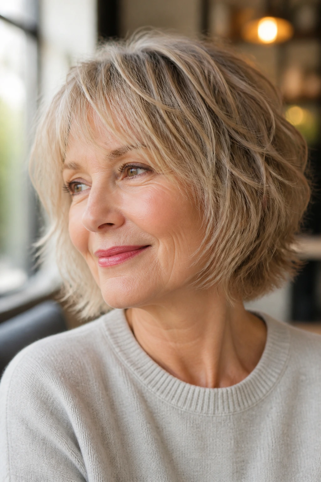 Portrait of a woman with a shaggy bob and wispy layers.