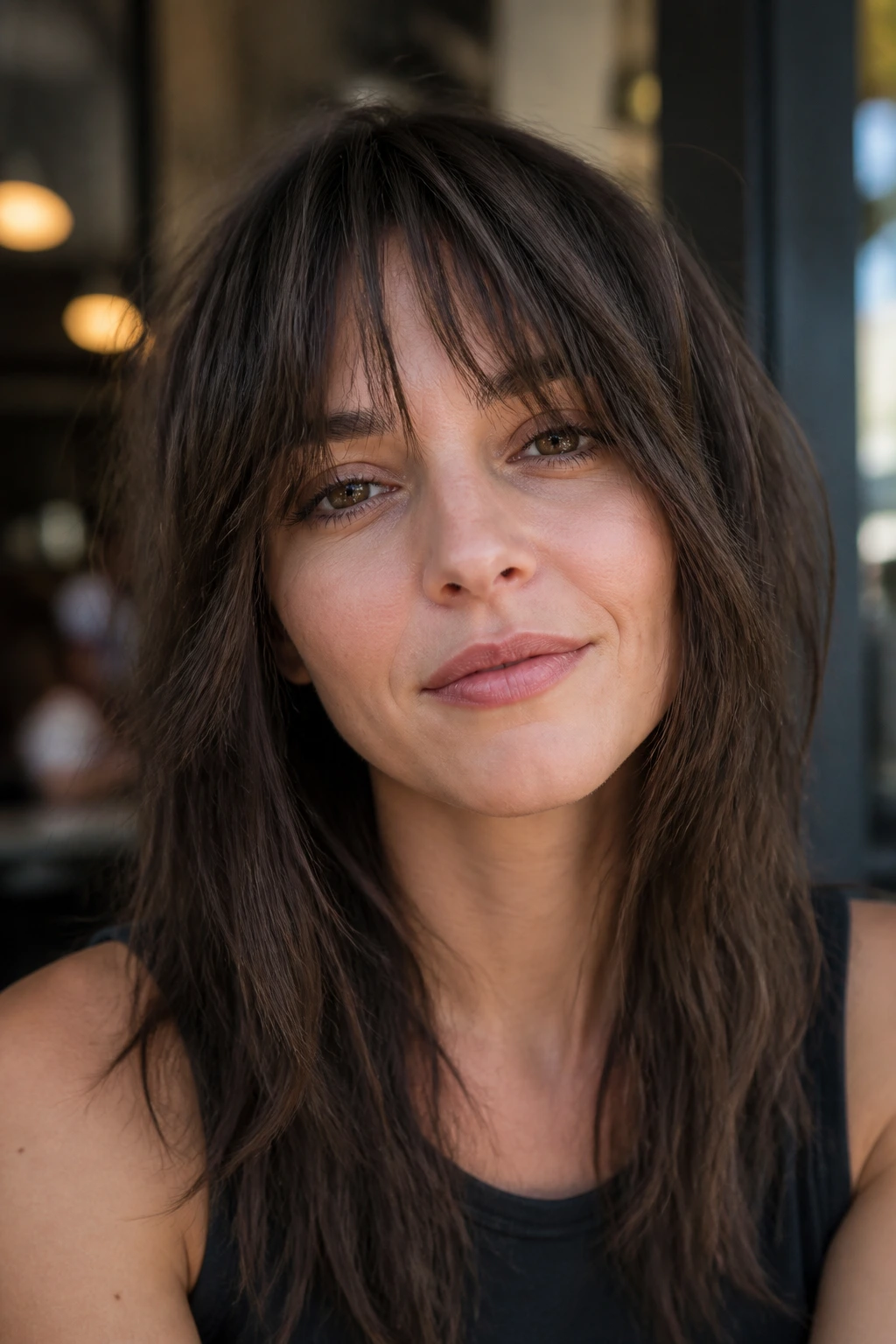 Real person with shaggy bottleneck bangs and broken ends