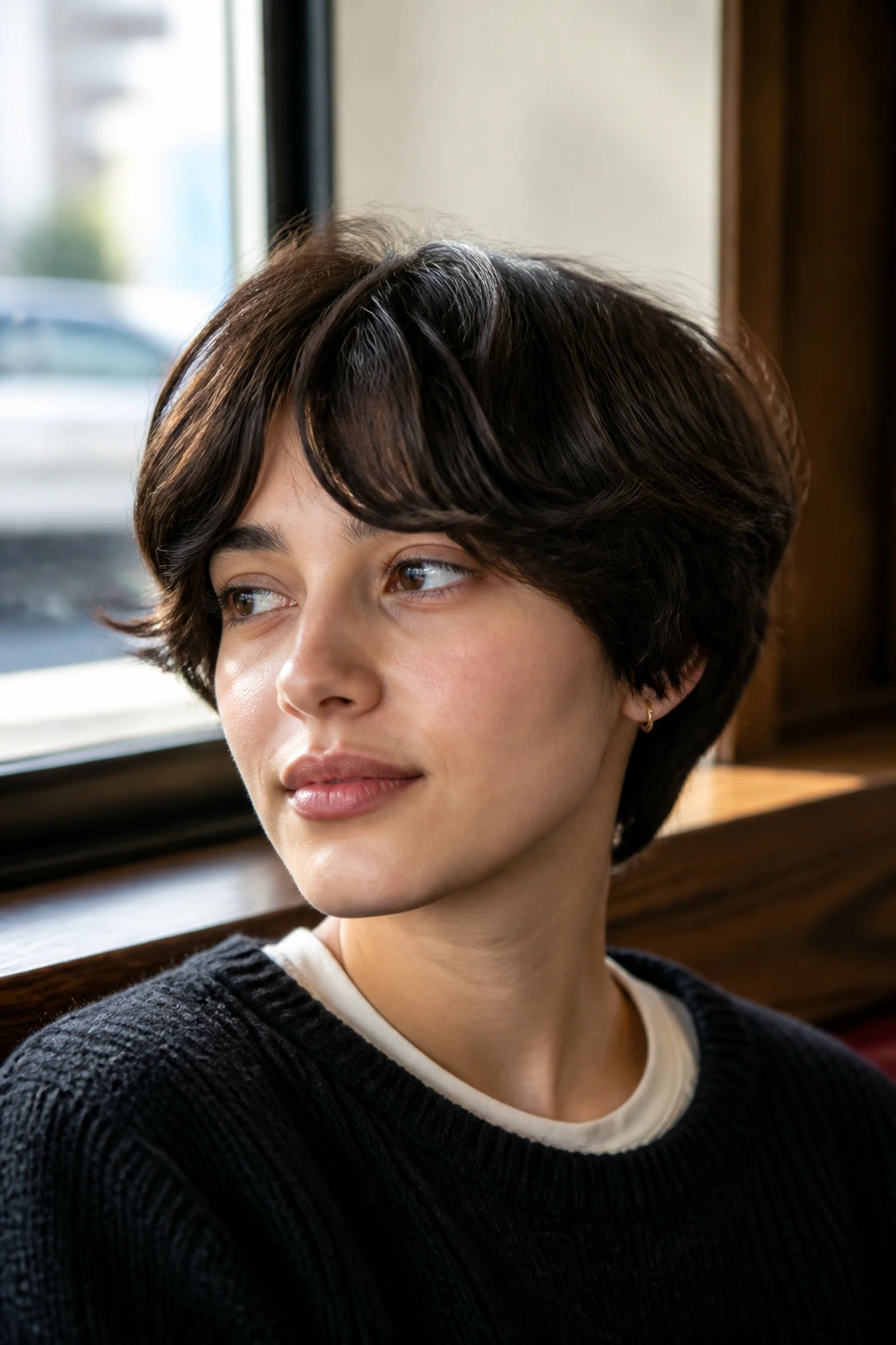 Close-up of a real person with a shaggy bowl cut and split bangs in natural cafe light.