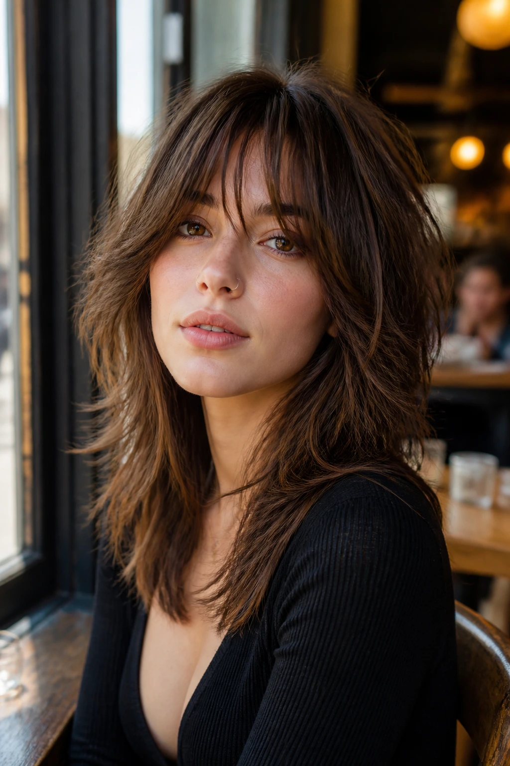 Close-up of a real woman with shaggy butterfly cut and piecey bangs in cafe window light