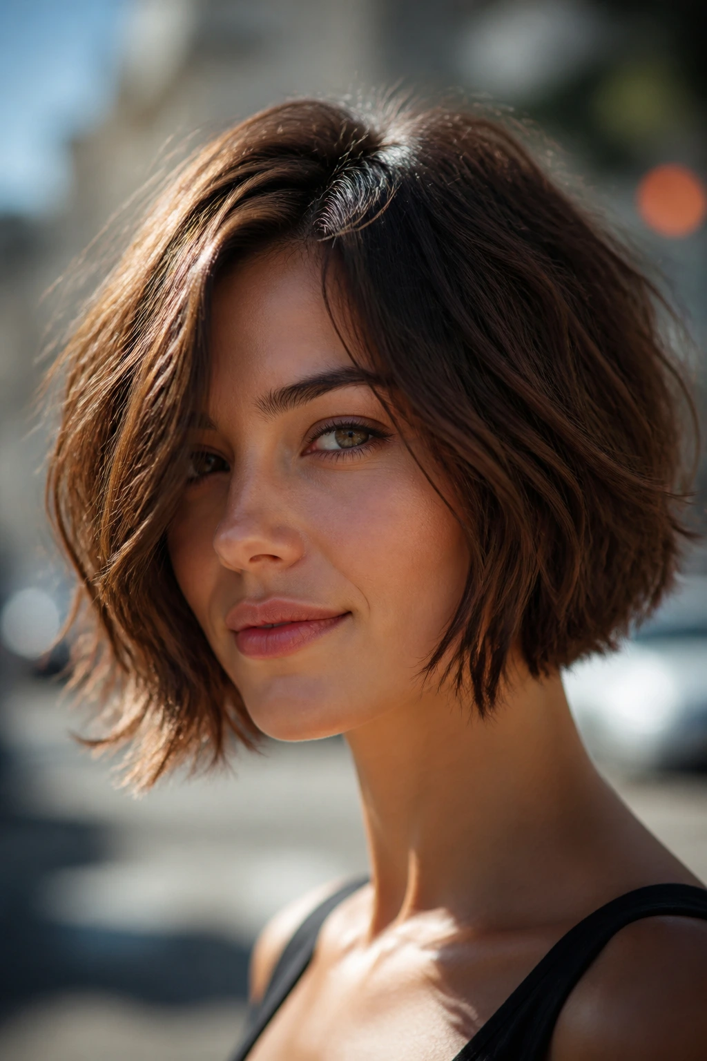 Real person with shaggy chin-length bob showing movement