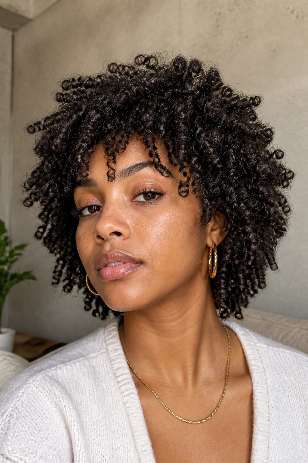 Close-up of a real person with a shaggy coil cut showing layered curls