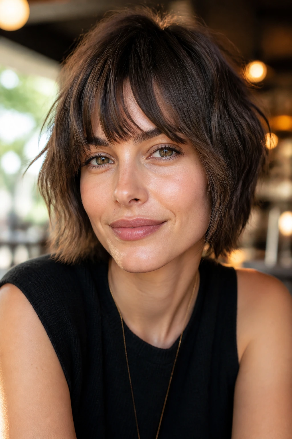Close-up portrait of a real woman with a shaggy crop and bottleneck bangs in a sunlit cafe