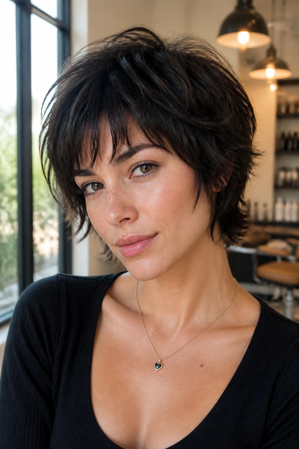 Close-up portrait of a real woman with a shaggy crop and choppy bangs in natural light