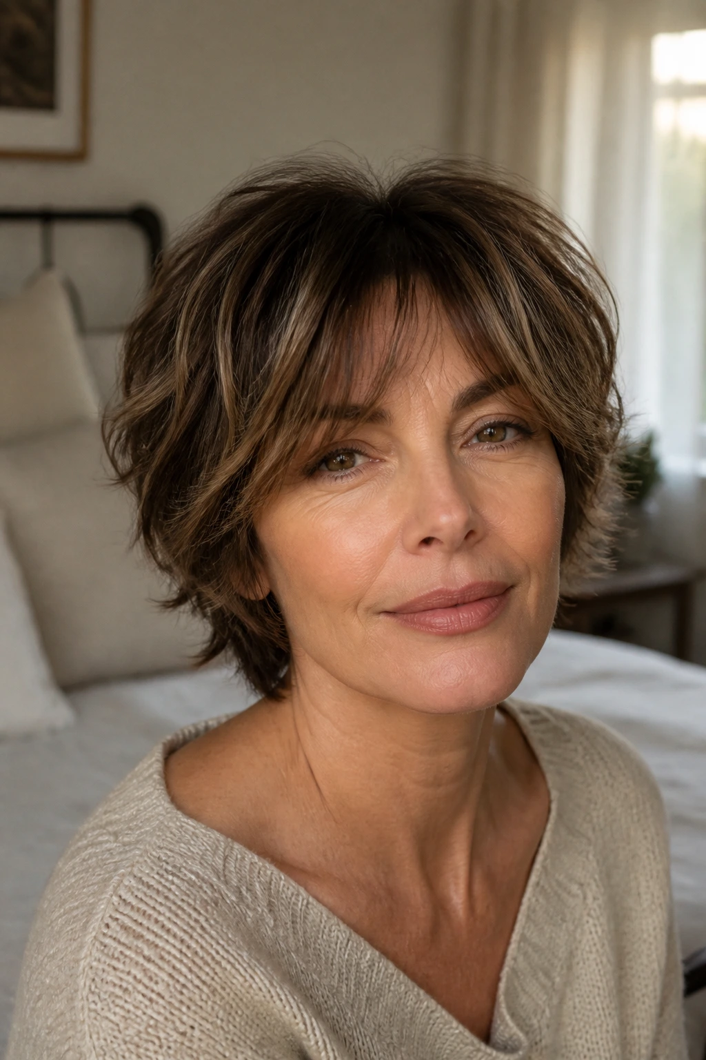 Close-up portrait of a woman with a shaggy crop and curtain bangs in warm bedroom light
