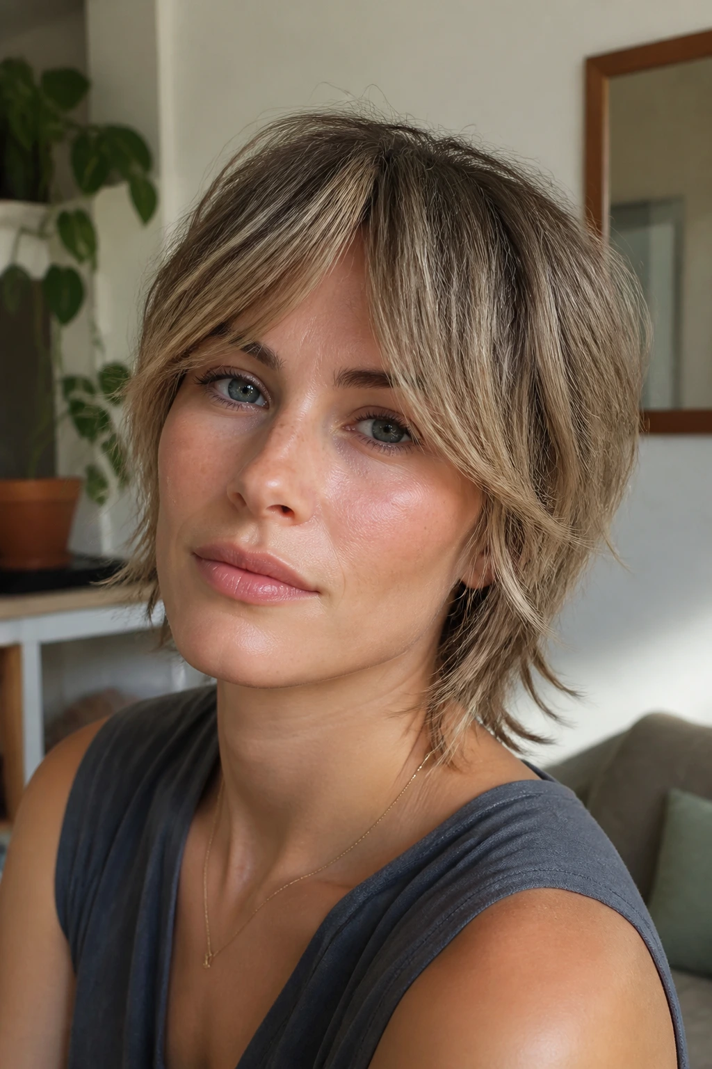 Close-up of a real woman with a shaggy crop and curtain fringe on a heart-shaped face