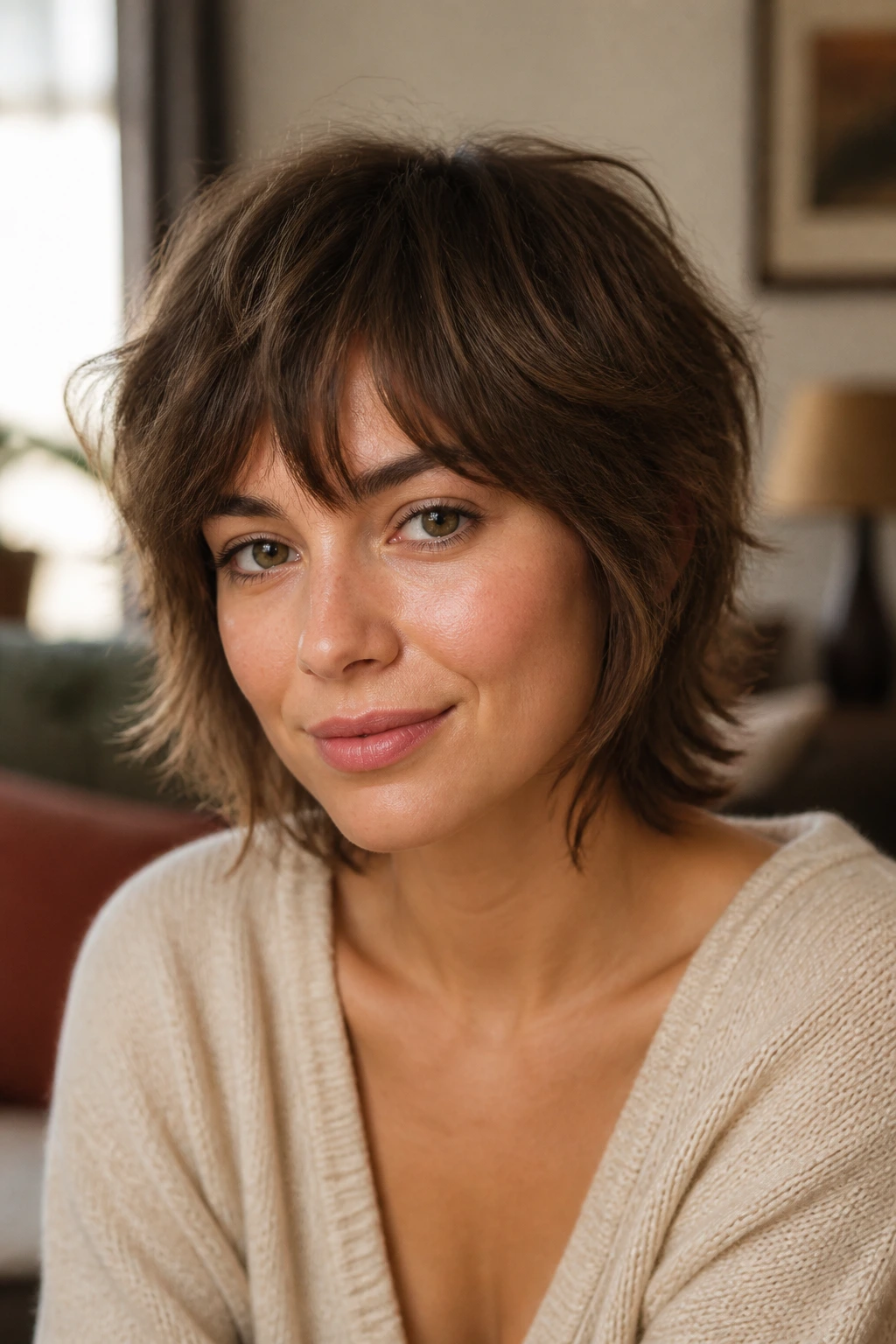 Close-up of a real person with a shaggy crop and feathered ends