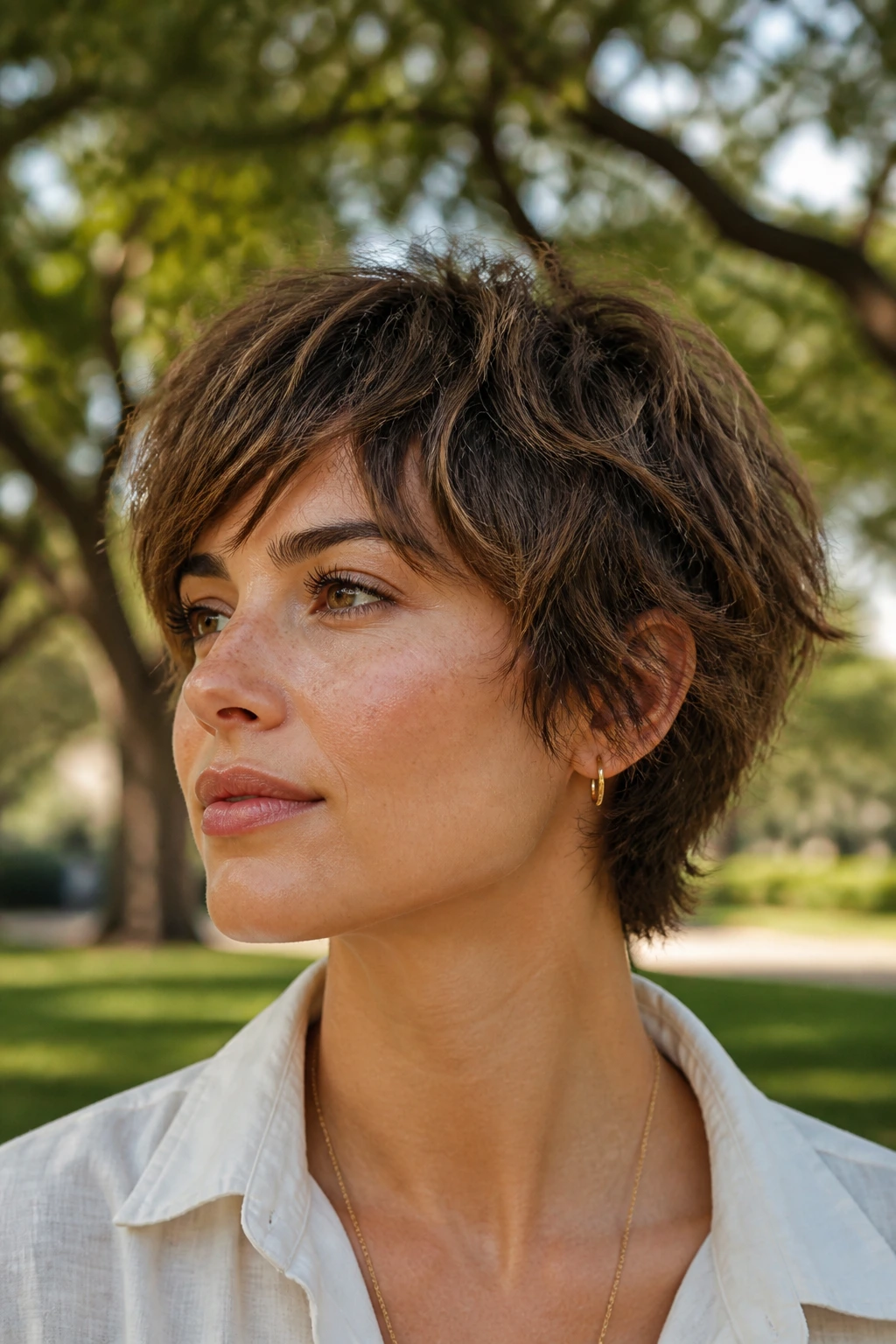 Close-up portrait of a real woman with a shaggy crop and textured layers.