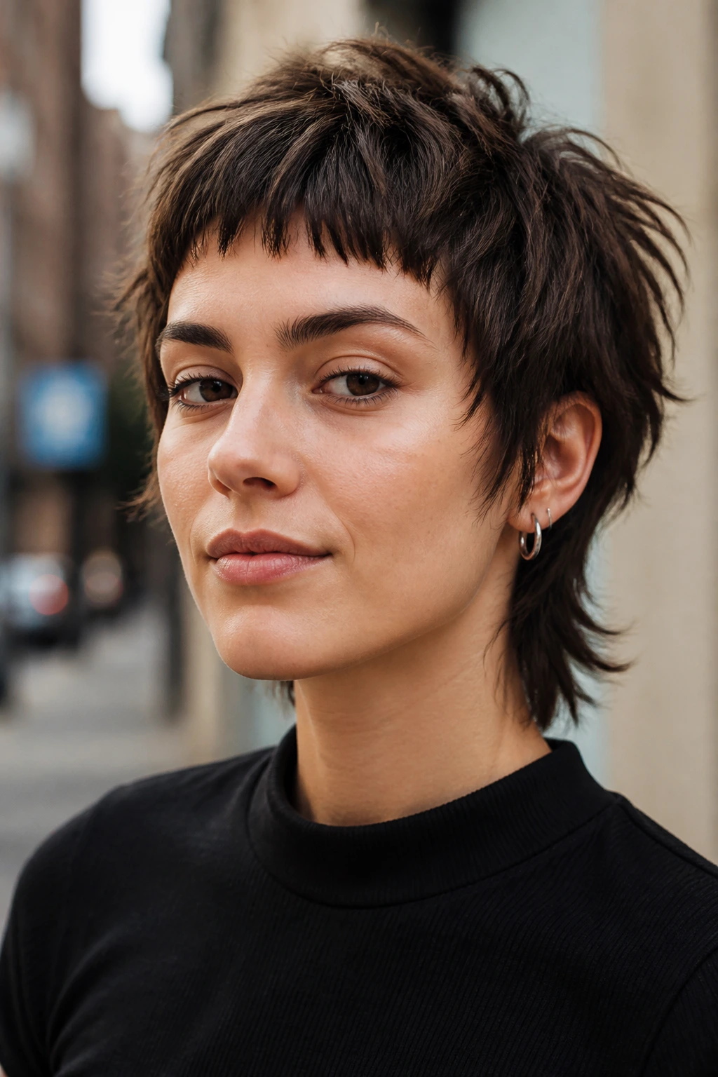 Portrait of woman with shaggy crop and micro fringe
