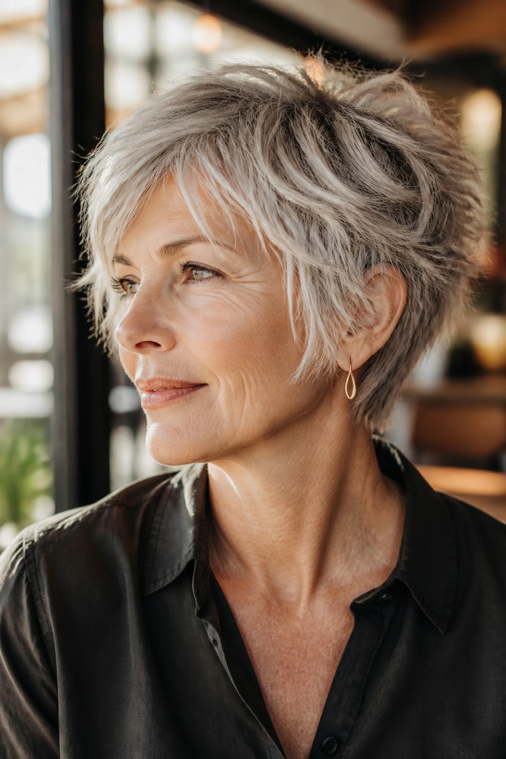 Close-up portrait of a real woman with a shaggy crop and piecey layers.