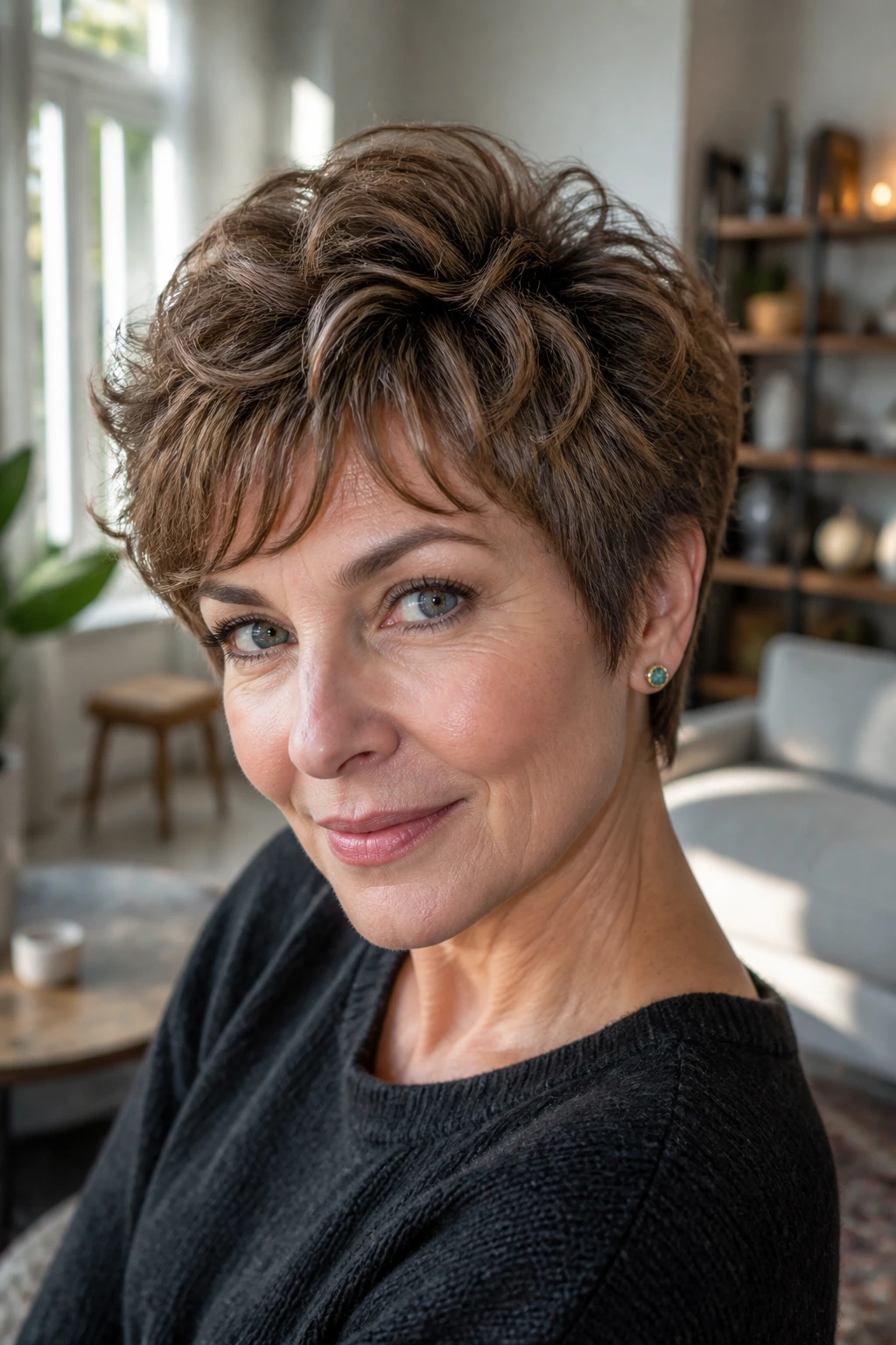 Close-up of real woman with shaggy crown pixie hairstyle