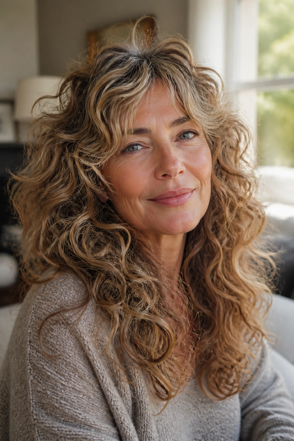 Portrait of an older woman with long shaggy curly haircut showing movement and layered ends