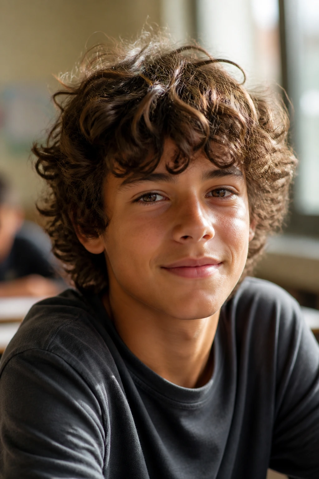 Close-up portrait of a real schoolboy with shaggy medium-length curls in a classroom