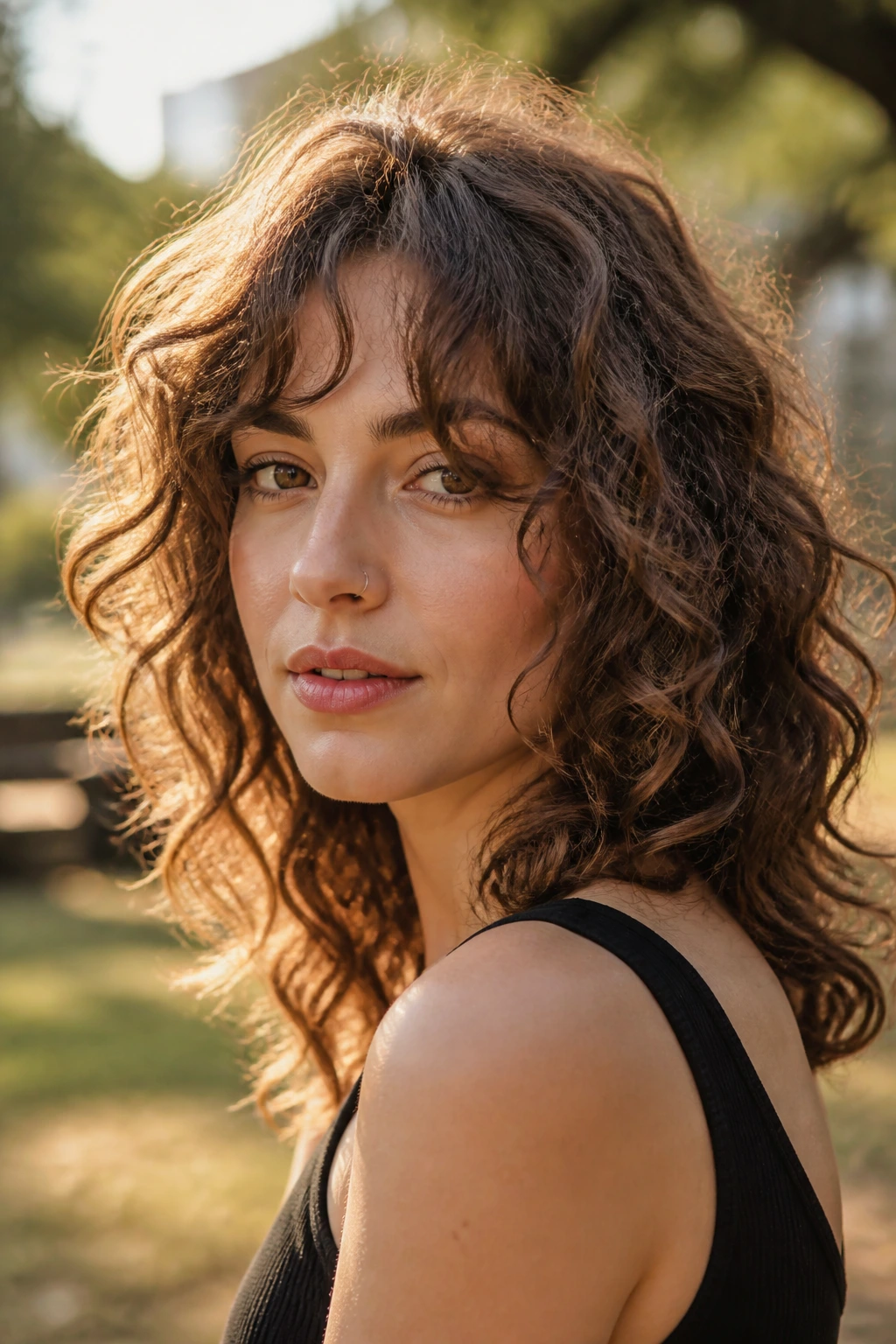 Portrait of a real woman with shaggy curls and split fringe in golden hour light