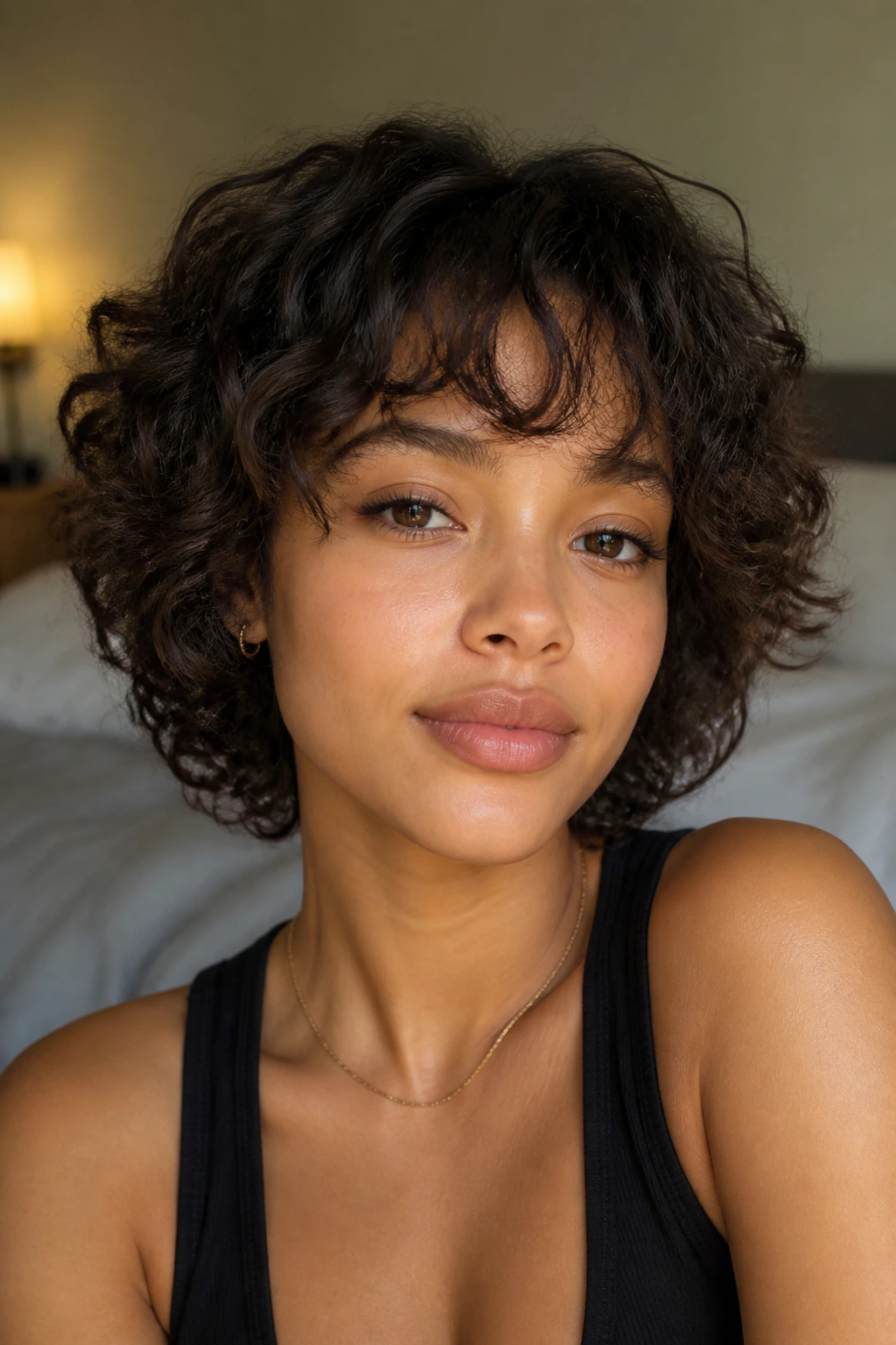 Close-up portrait of a real woman with a shaggy curly crop and wispy bangs framing a round face.
