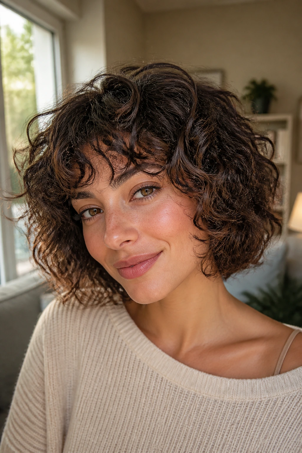 Close-up portrait of Shaggy Curly Bob on a real woman with layered, movement-filled curls in warm natural light