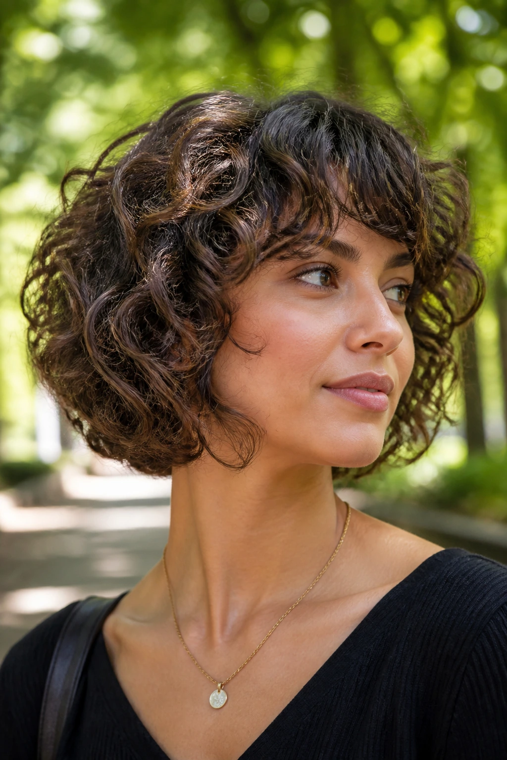 Close-up portrait of a real woman with shaggy curly bob and internal layers in a park