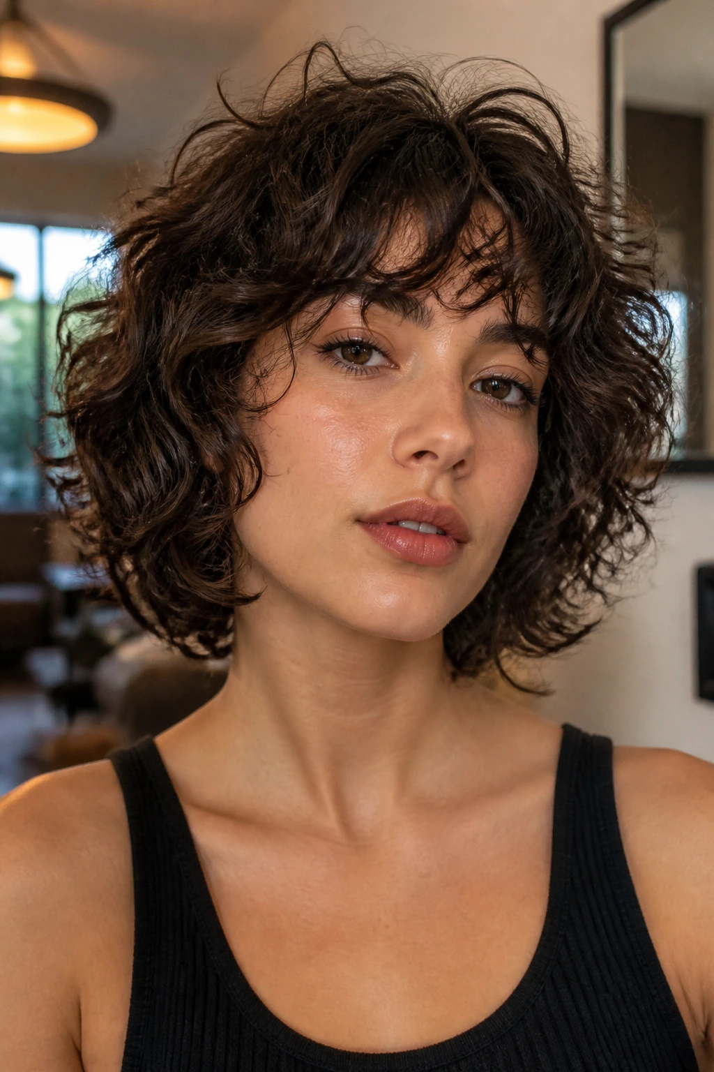 Close-up portrait of a real woman with a shaggy curly bob and choppy layers in warm home lighting