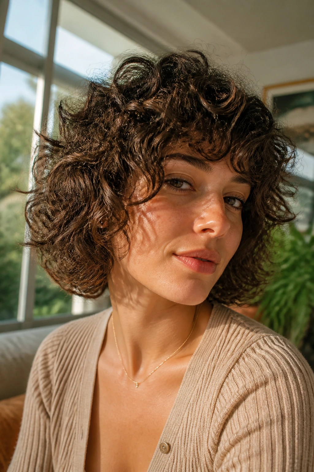 Close-up portrait of a real woman with a shaggy curly bob