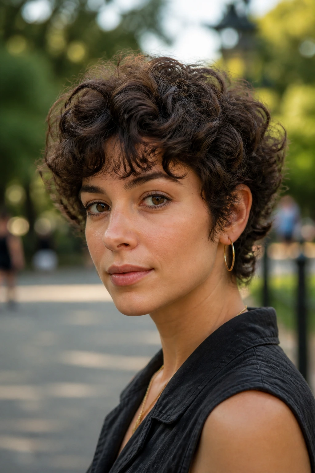 Close-up of a real woman with a shaggy curly crop and crown volume