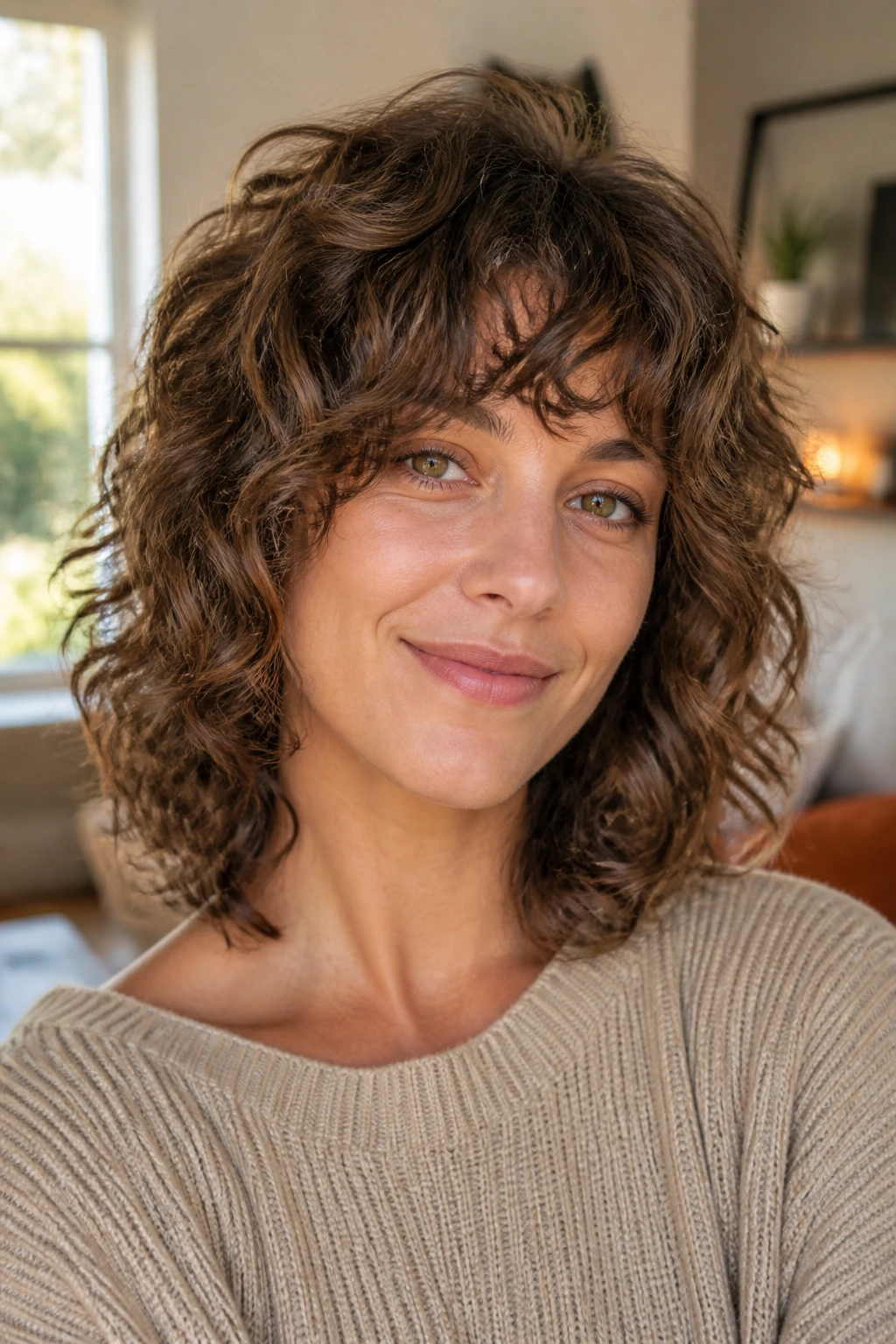 Close-up of a real woman with a shaggy curly lob featuring layered, piecey curls and natural bounce