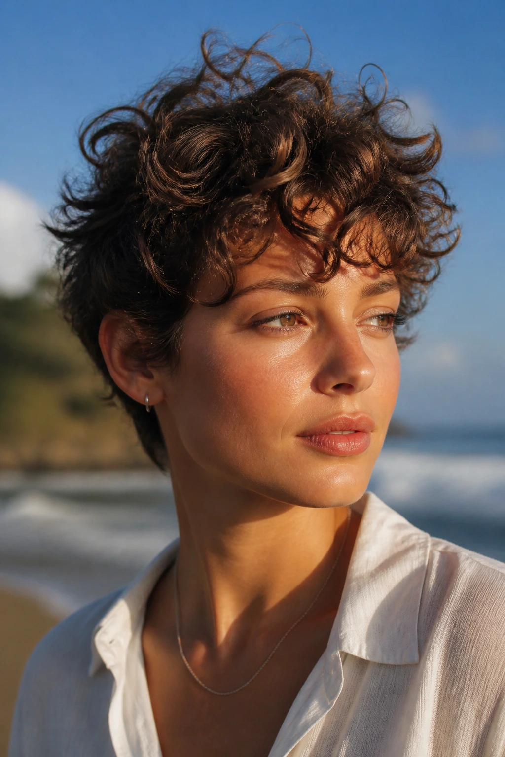 Close-up portrait of a real person with shaggy curly pixie.