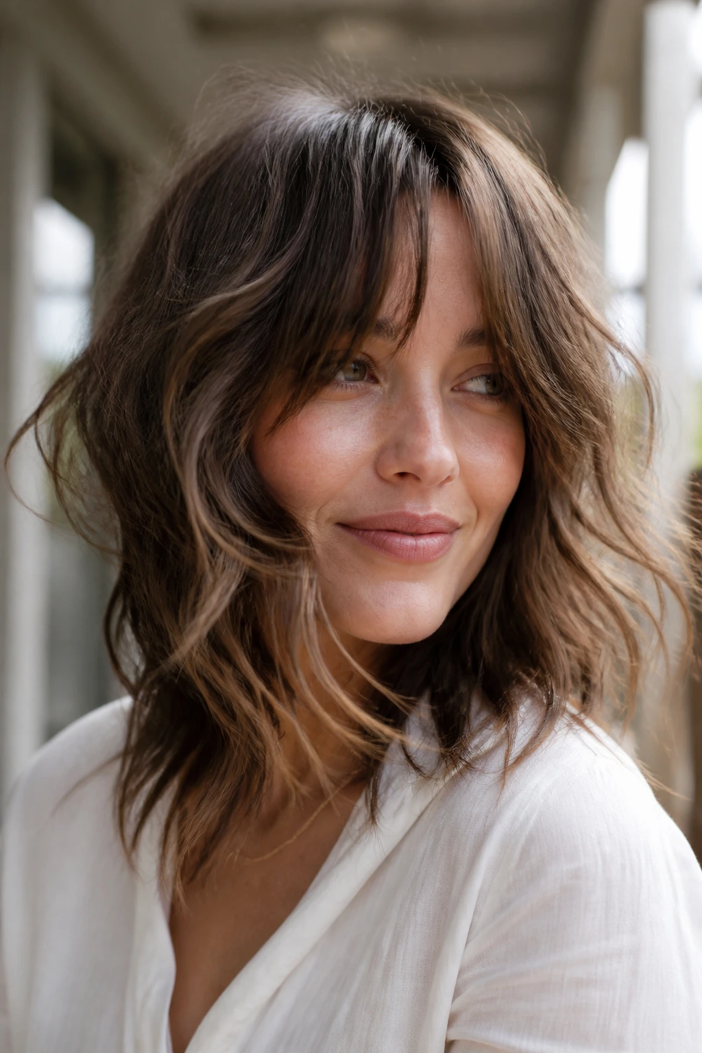 Real woman with shaggy curtain bangs and choppy texture