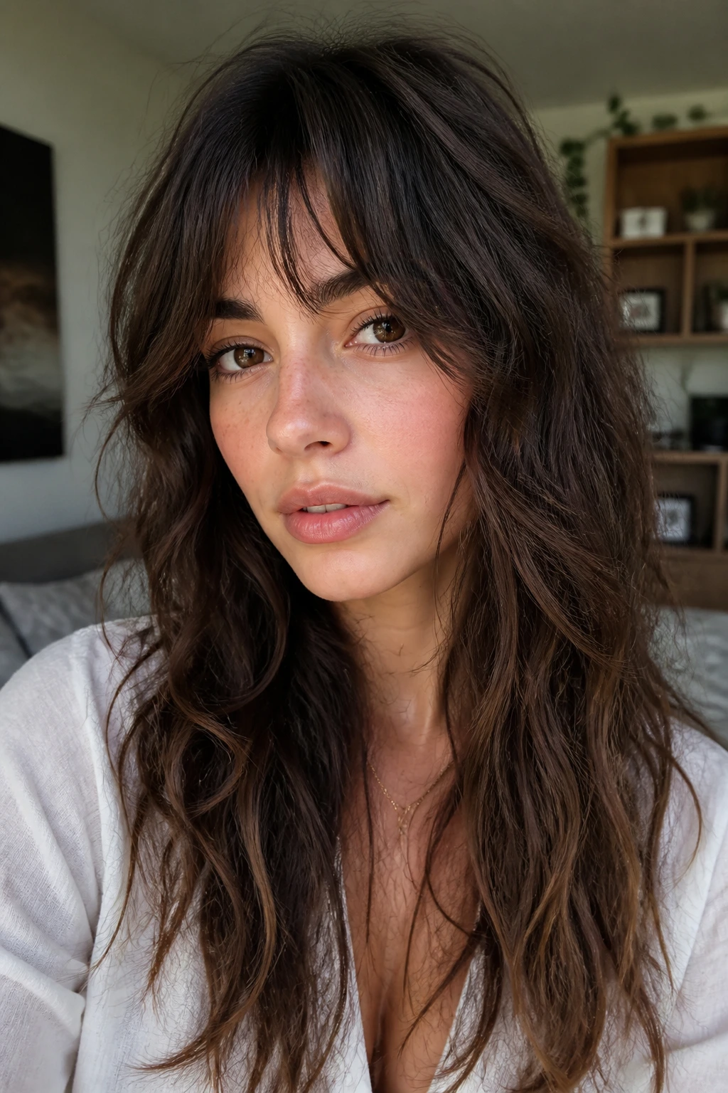 Close-up portrait of a real person with shaggy curtain bangs in a cozy living room