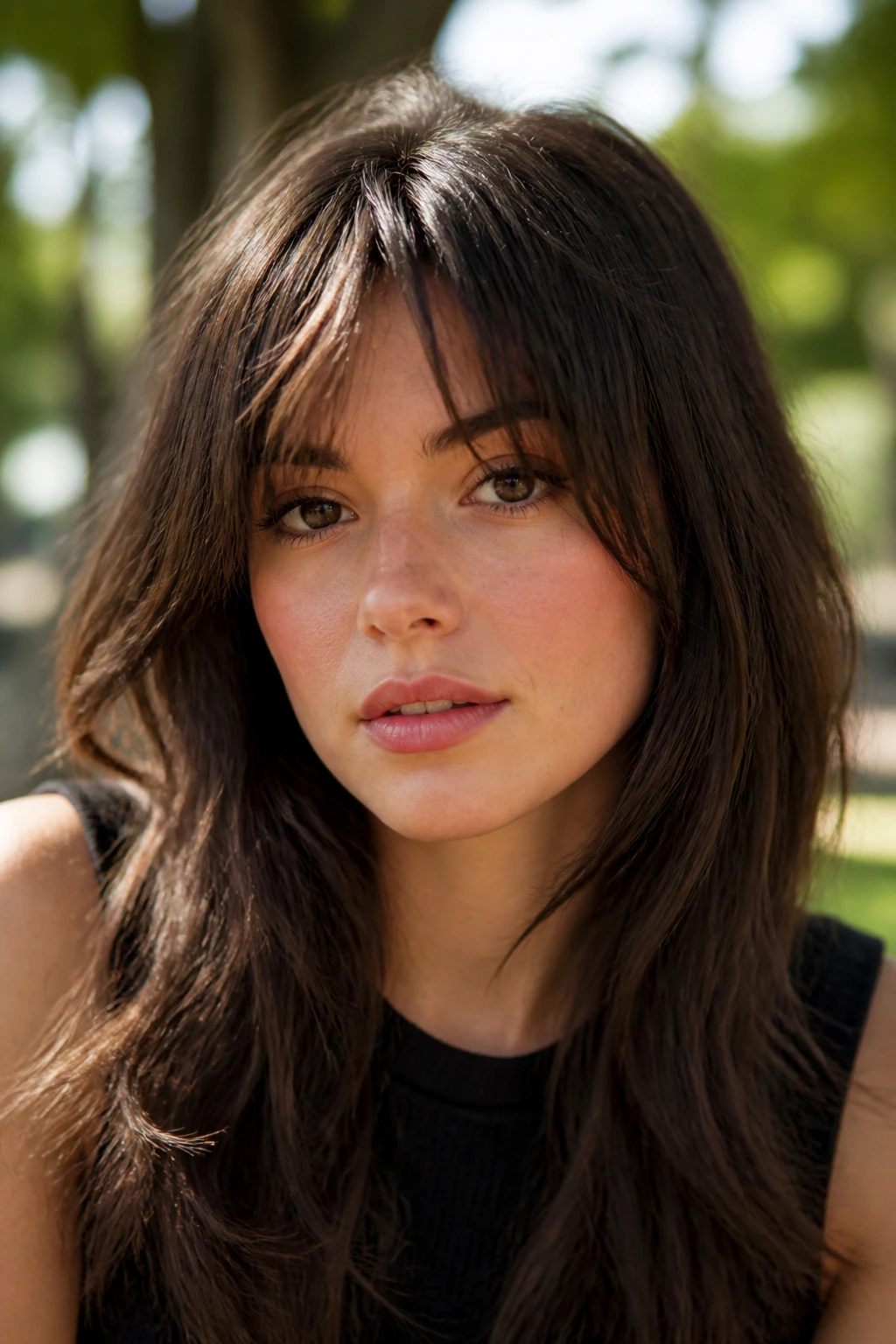 Close-up portrait of a real person with shaggy, chopped fringe framing the face.