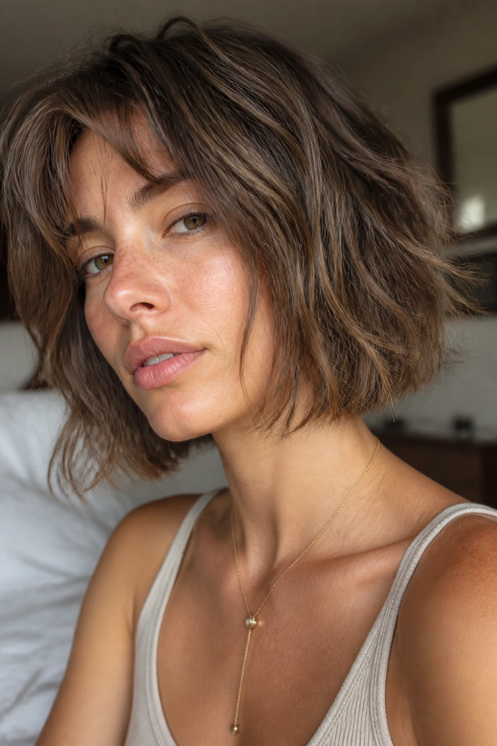Close-up of real person with shaggy feathered bob and air-dried texture in soft morning light