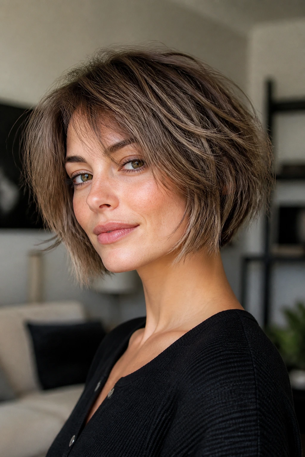 Close-up of a real woman with a shaggy feathered Bob showing cheekbone framing and relaxed texture