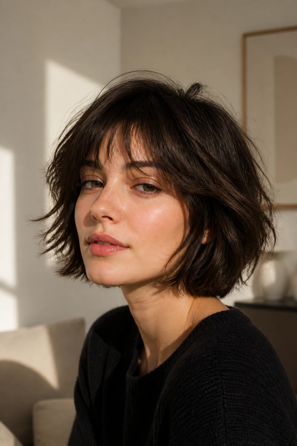 Close-up of a real woman with shaggy French bob in sunlit living room