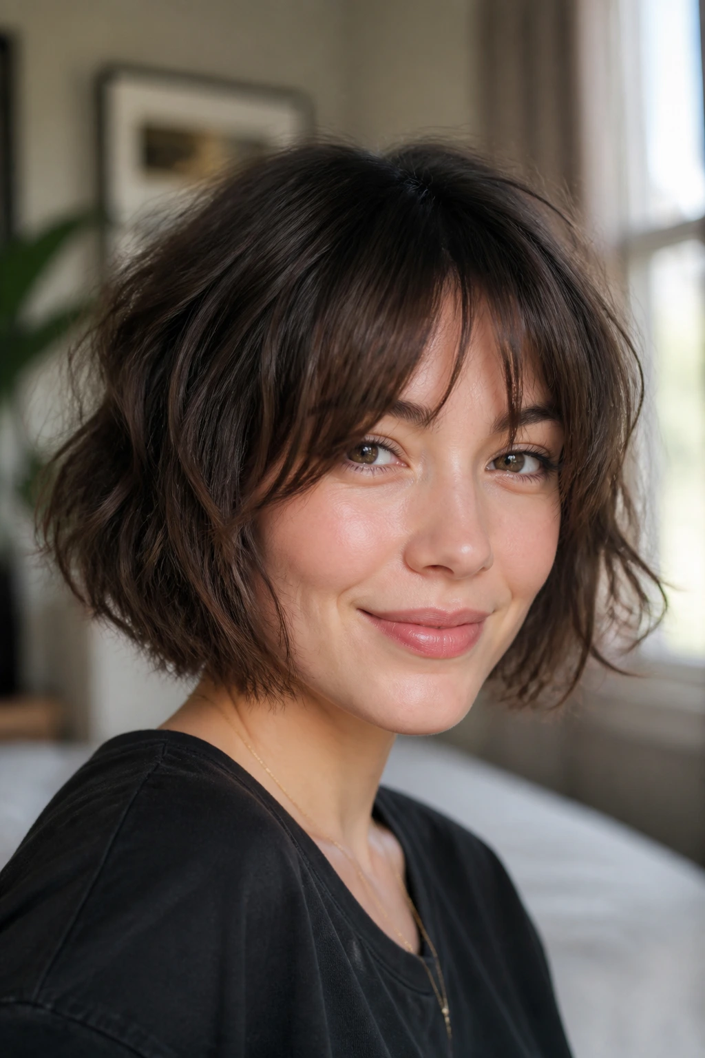 Portrait of a woman with shaggy French bob and wispy bangs