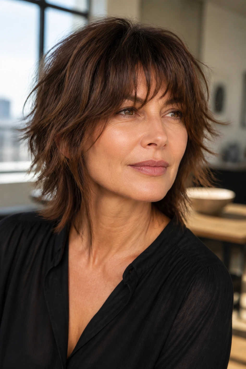 Portrait of a real woman with a shaggy fringe and choppy layers showing movement.