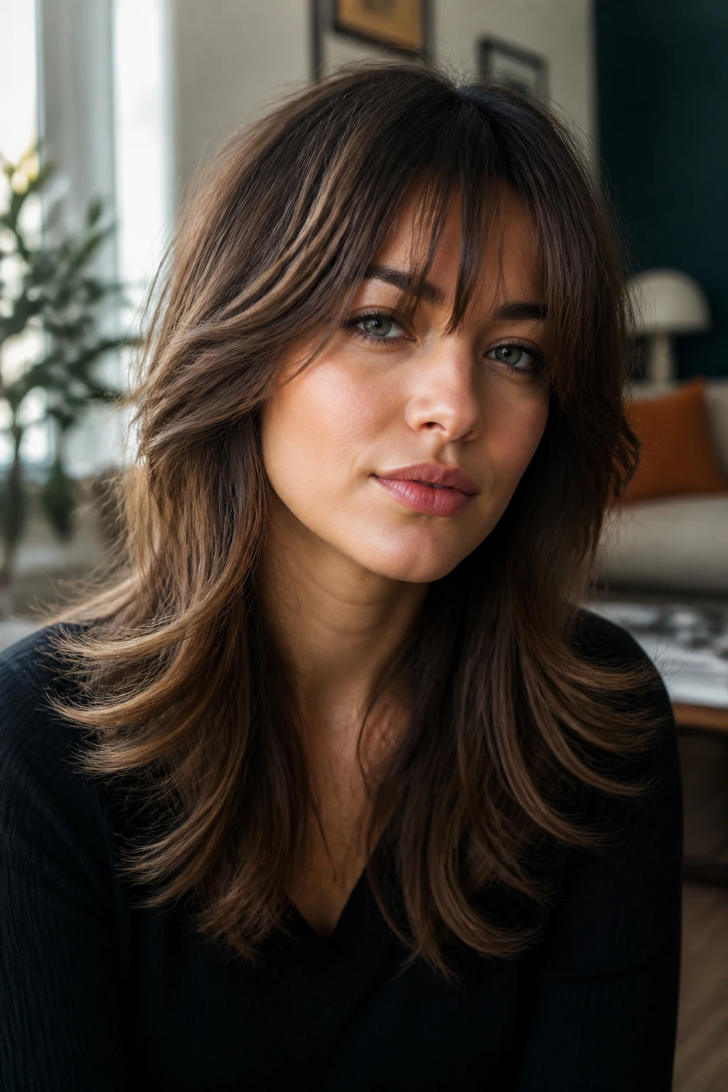 Close-up of a real woman with a shaggy fringe and flipped ends, in natural window light.
