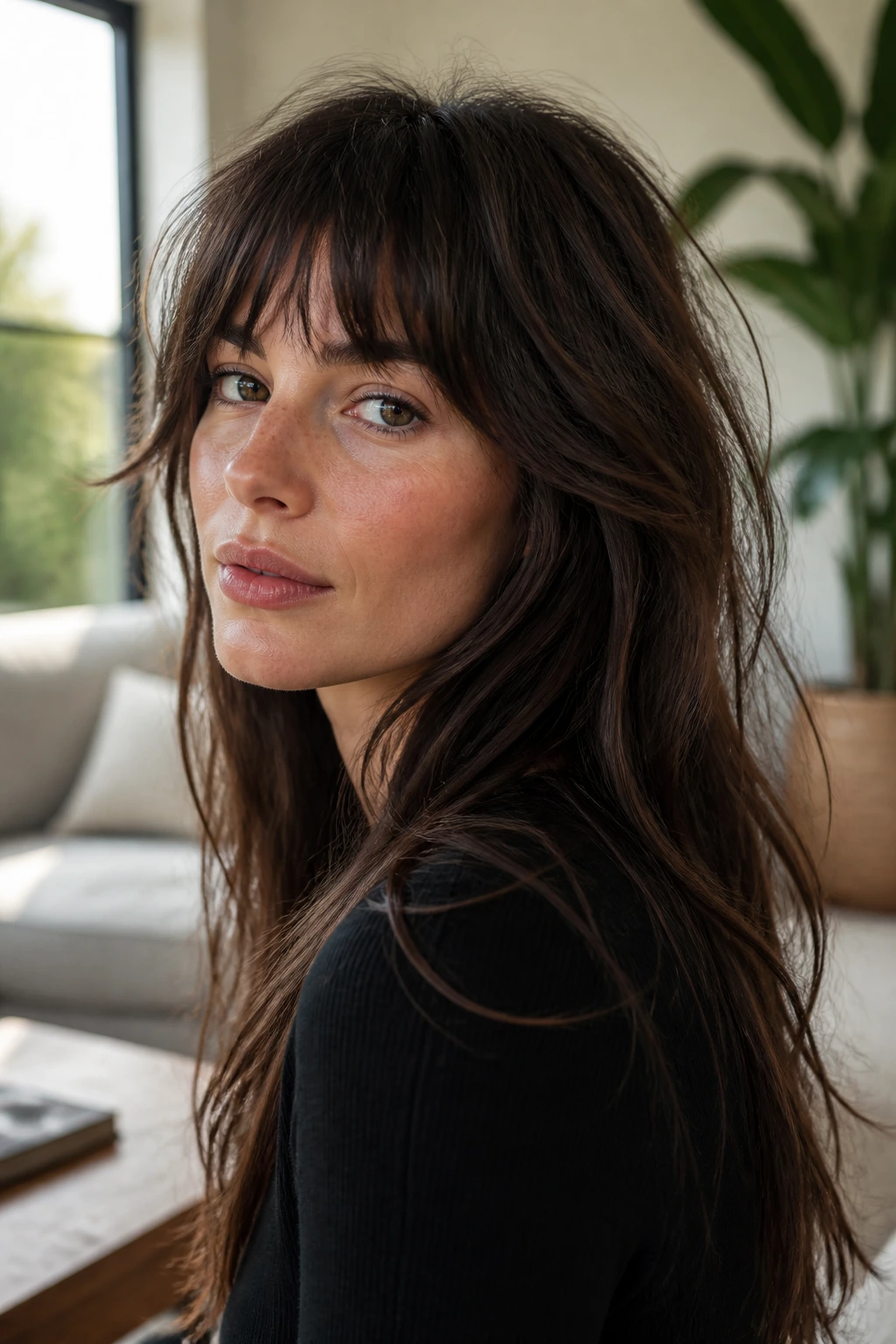 Close-up of a real person with shaggy fringe and long layers in bright living room light