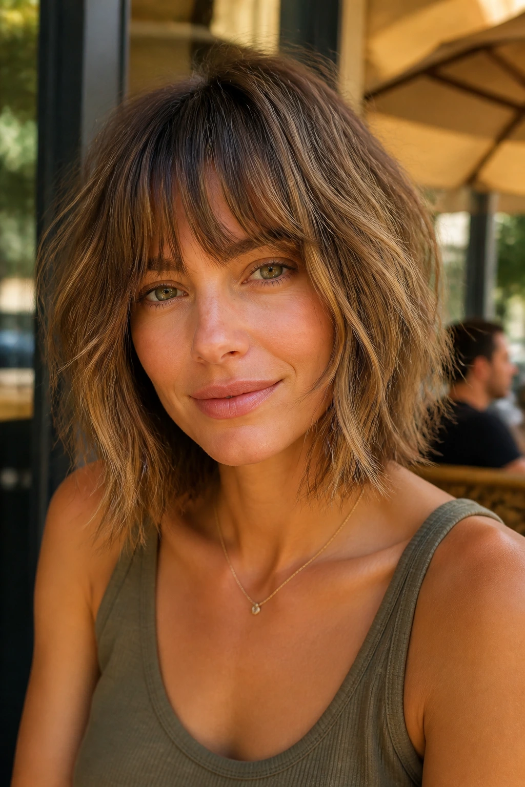 Real woman with shaggy fringe lob, textured layers and relaxed movement in warm daylight.