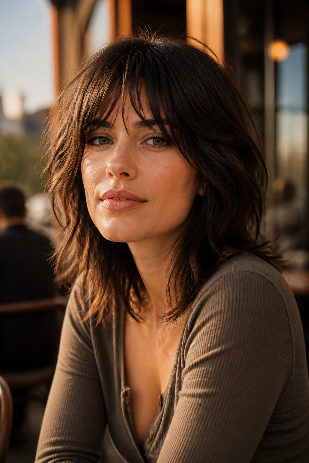 Close-up of a real woman with shaggy fringe and textured layers