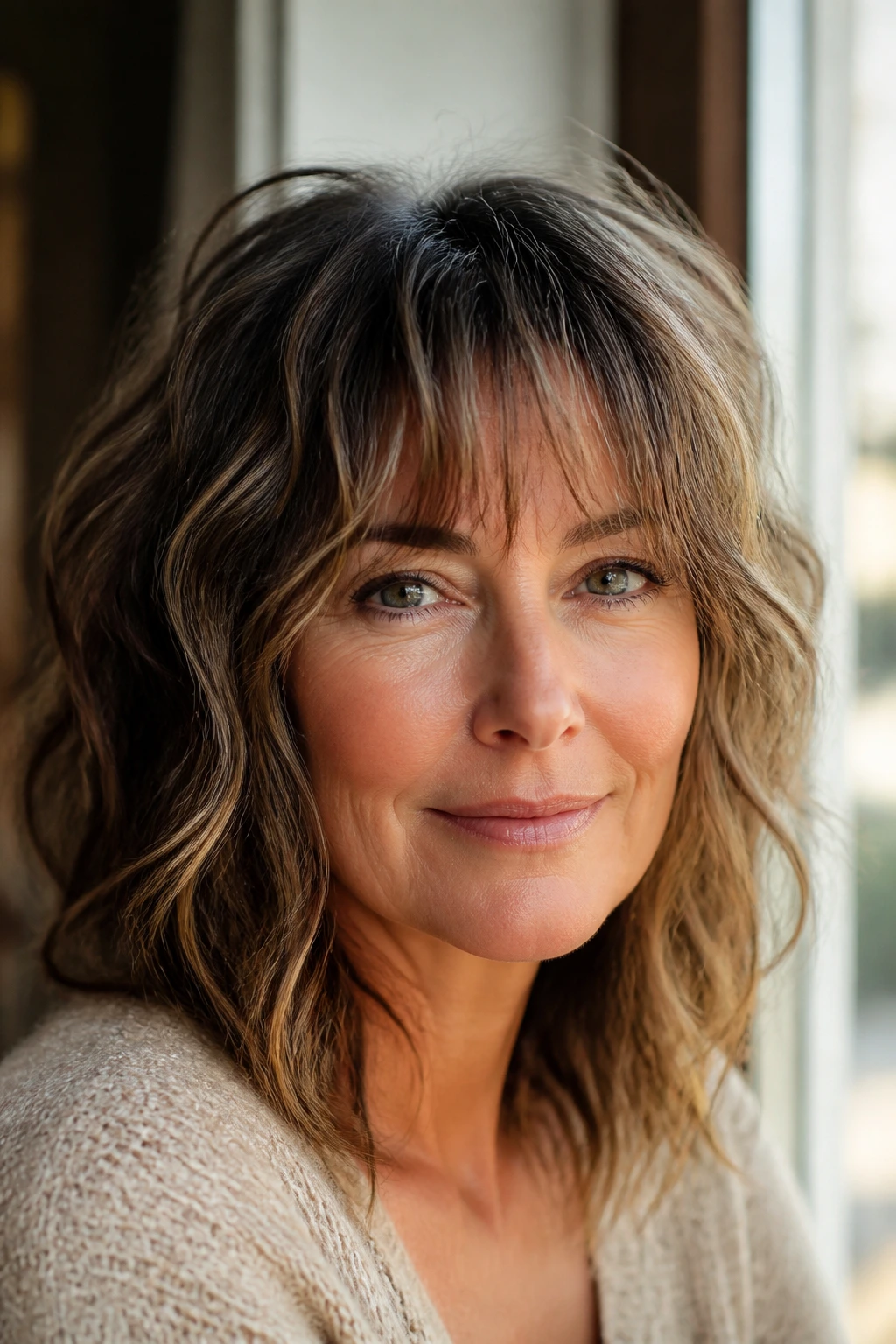 Portrait of a person with shaggy fringe and textured medium-length hair