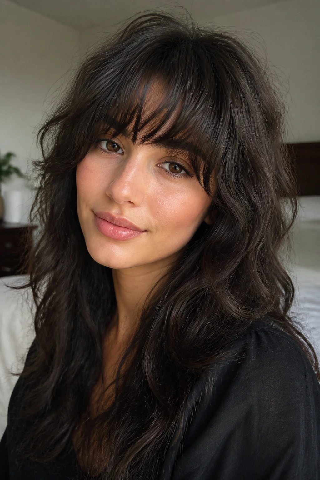 Close-up of shaggy full fringe with internal texture on a real woman