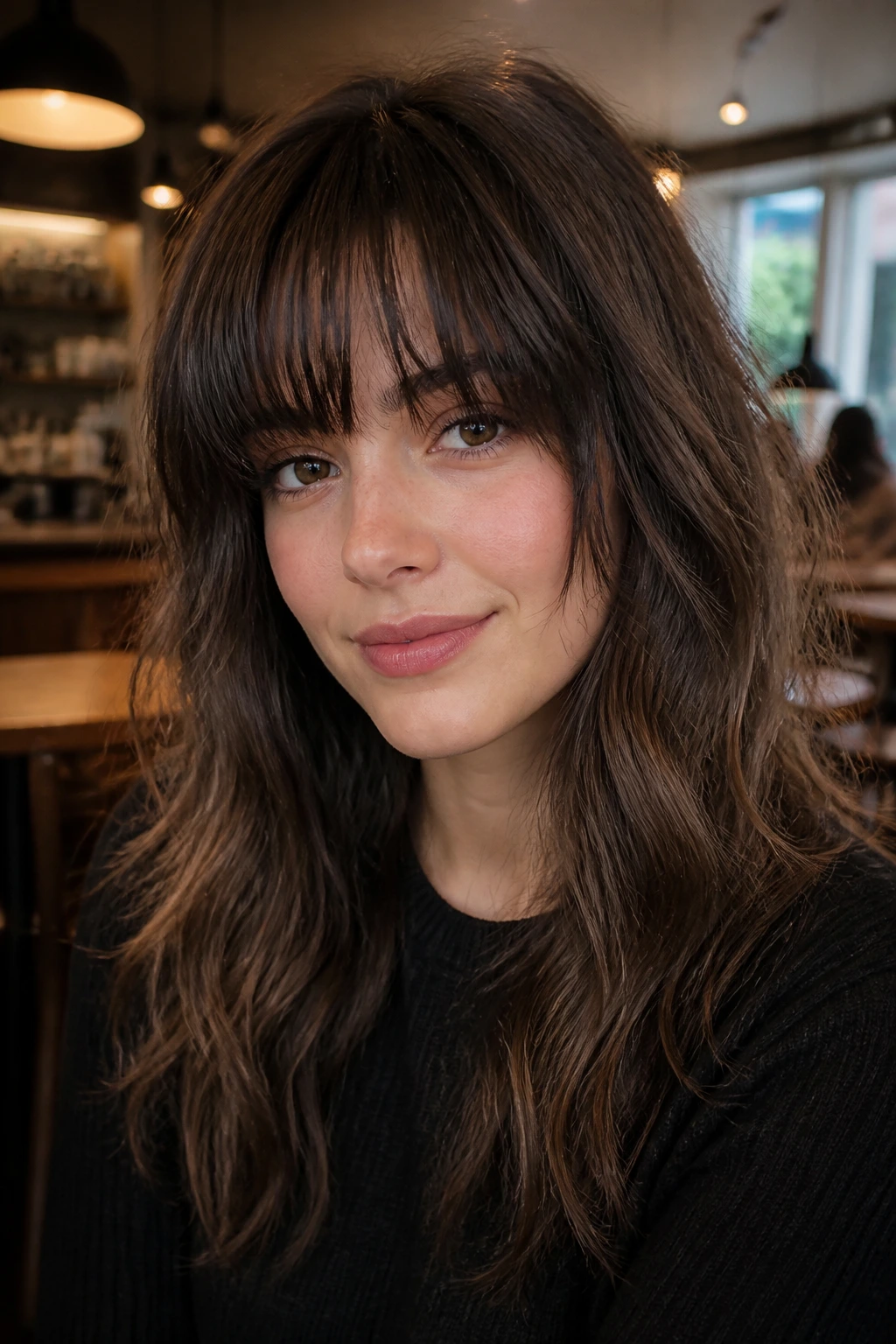 Close-up of a real woman with shaggy fringe in a cozy cafe setting