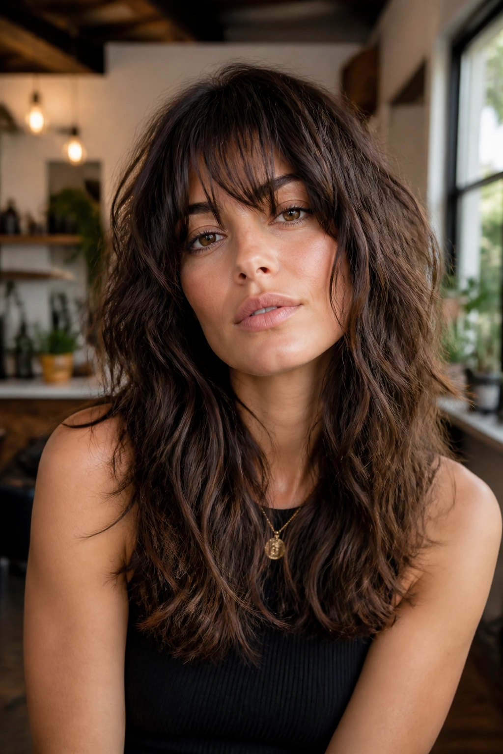 Close-up portrait of a real person with a shaggy fringe long haircut showing a defined edge