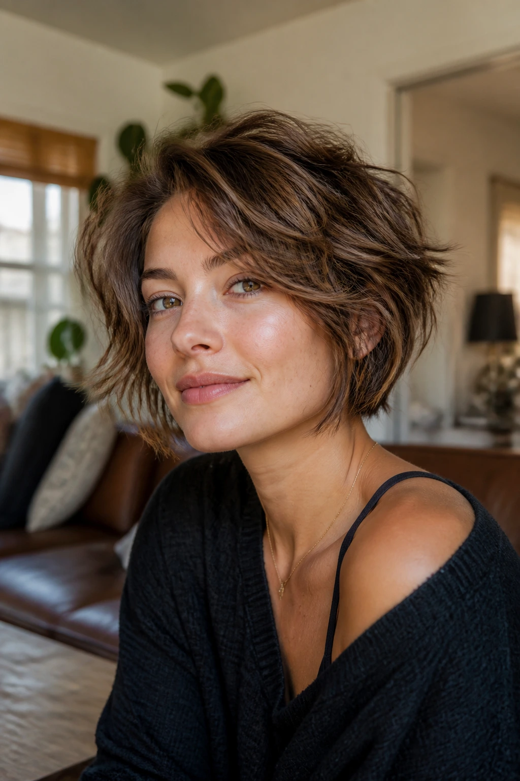 Portrait of a real person with shaggy grown-out pixie bob in a cozy living room