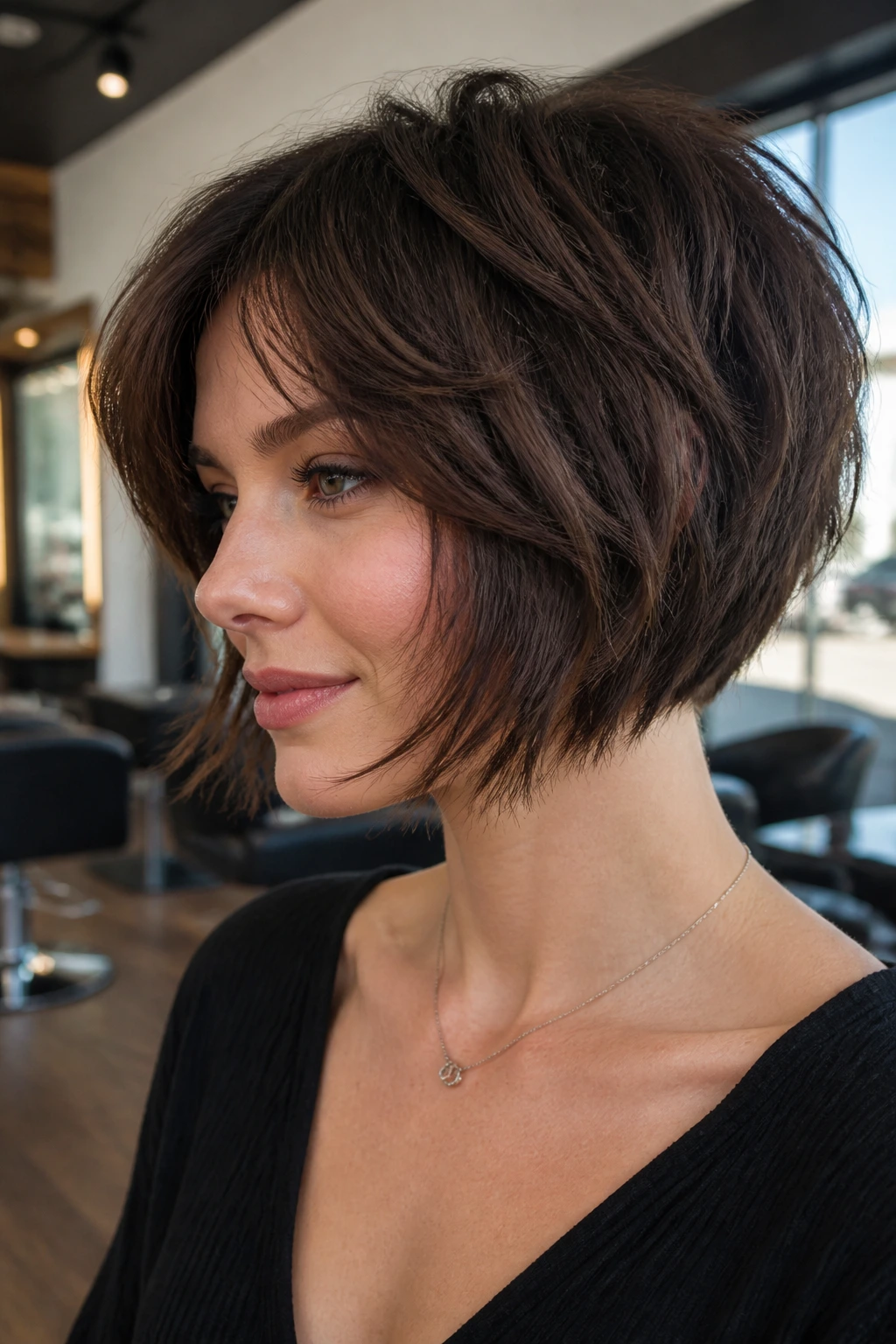 Close-up of a real woman with shaggy inverted bob in a sunlit salon