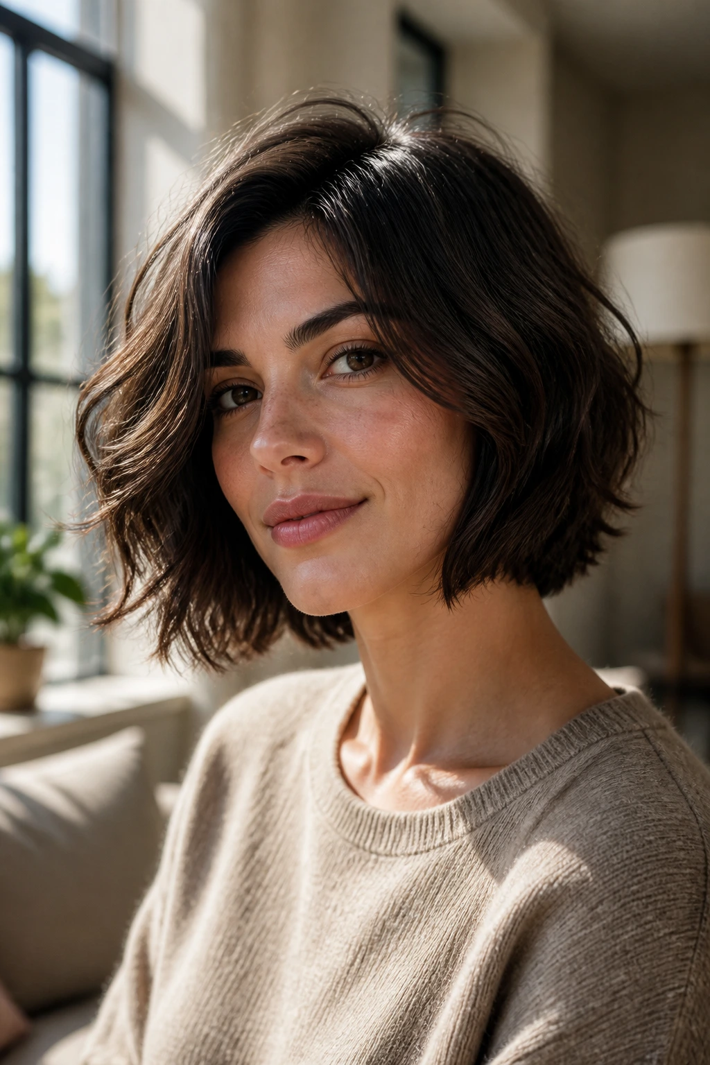 Close-up portrait of a real woman with a shaggy Italian bob worn day-to-day
