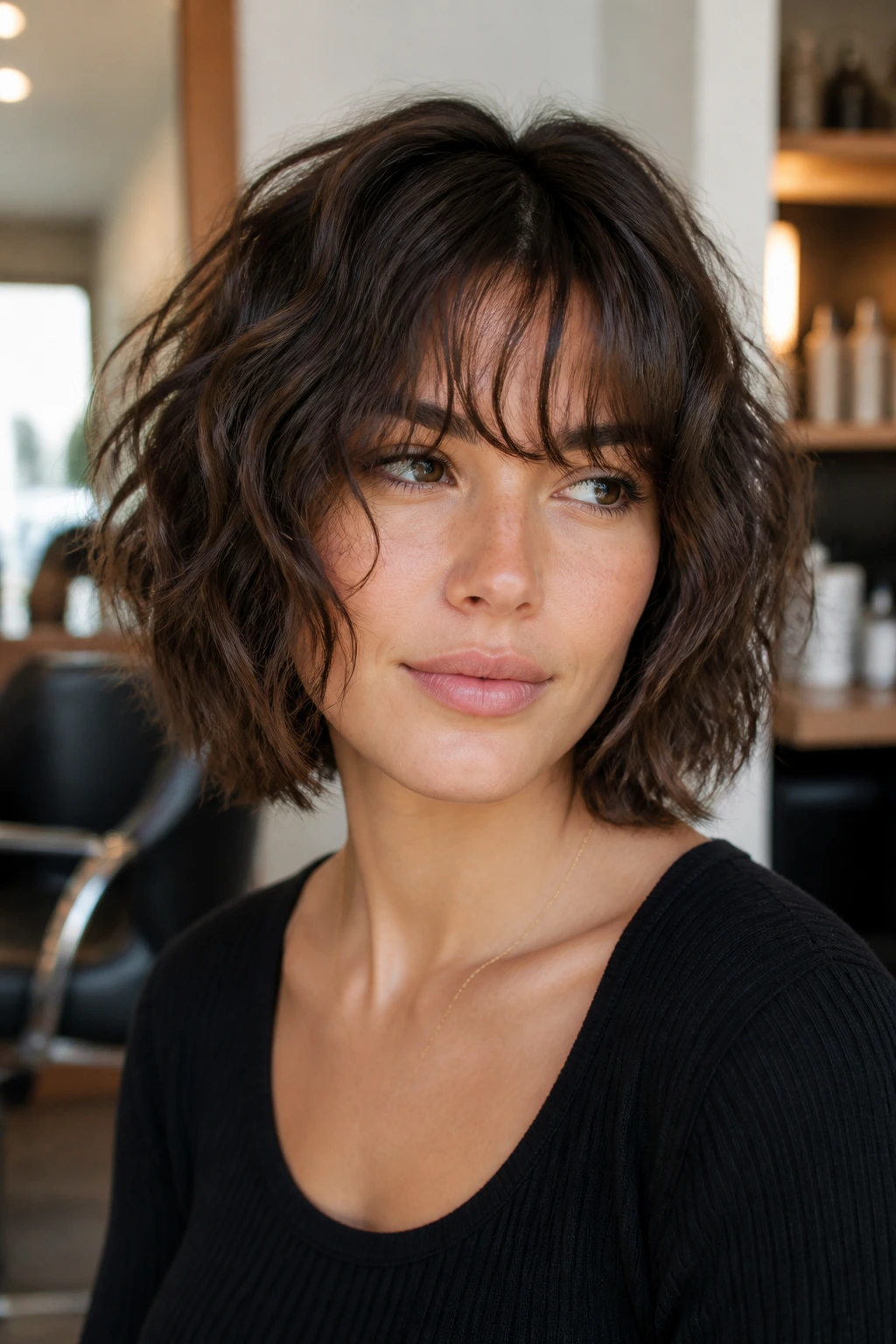 Close-up of a real woman with a shaggy Italian bob showing movement and fringe placement