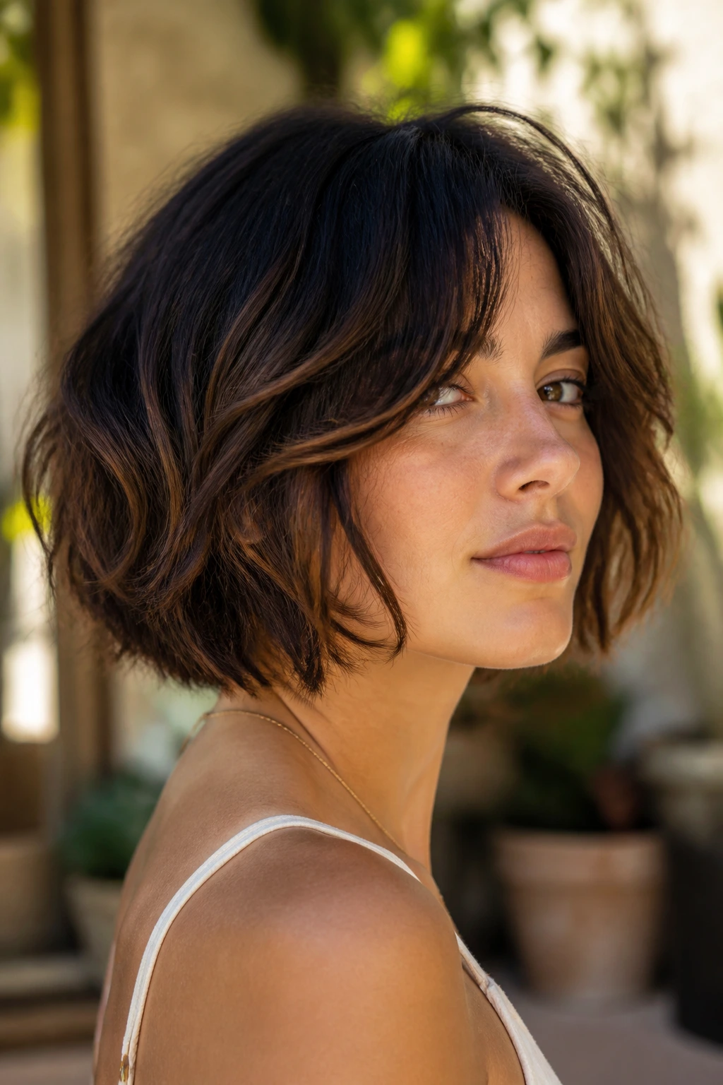Portrait of a woman with shaggy Italian bob on wavy hair in natural light.